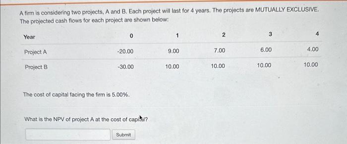 help A firm is considering two projects, A and B. Each project