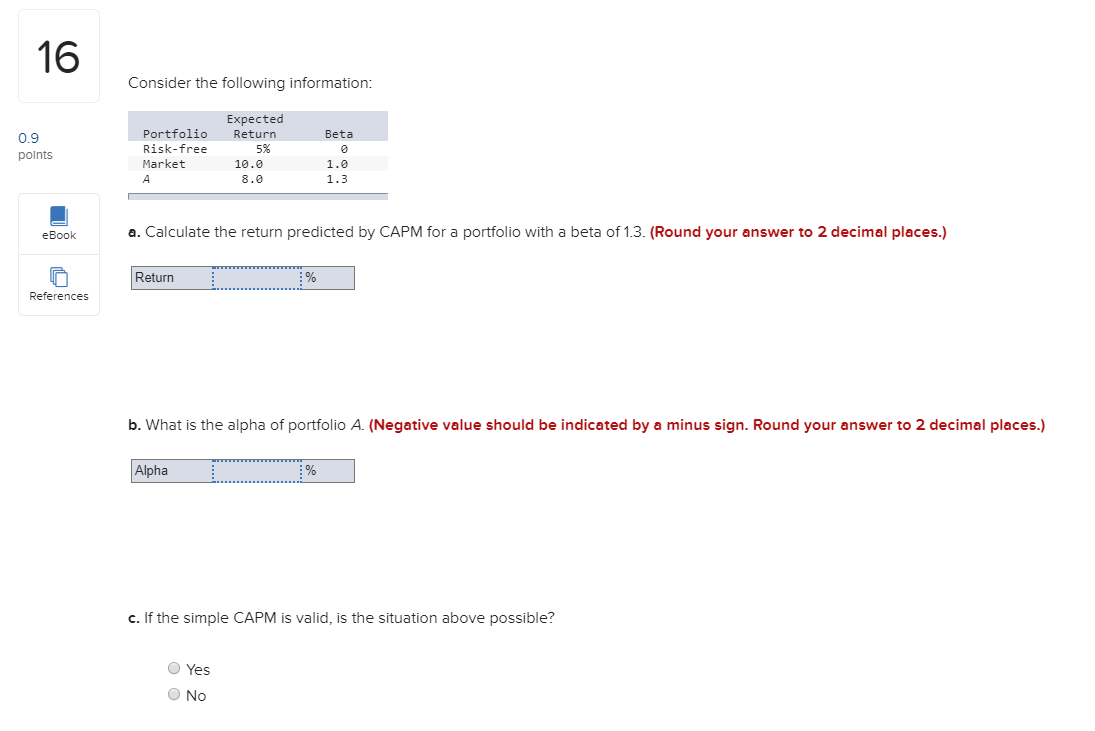 Consider the following information: Expected Return Beta 0.9 points Portfolio Risk-free