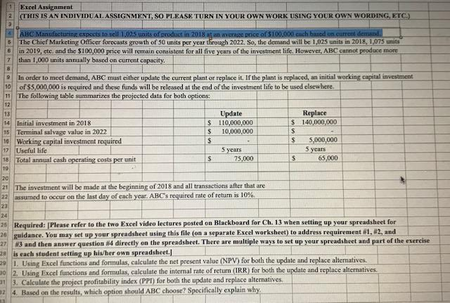  Excel Assigament (THIS IS AN INDVDUAL ASSIGNMENT SO PLEASE TURN IN