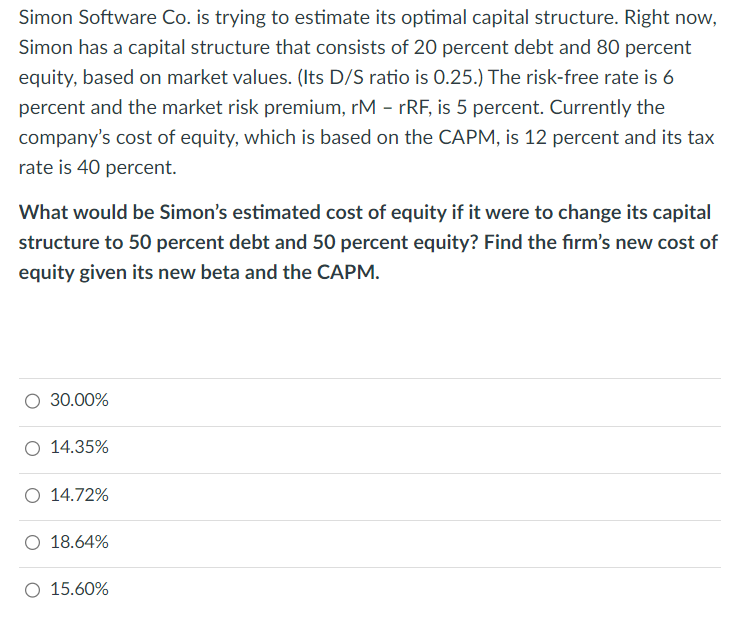  Simon Software Co. is trying to estimate its optimal capital structure.