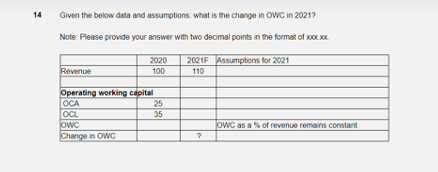 14 Given the below data and assumptions: What is the change