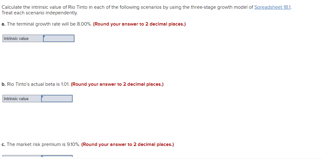 intrinsic value of Rio Tinto in each of the following scenarios by