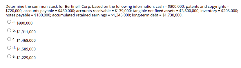  Determine the common stock for Bertinelli Corp. based on the following