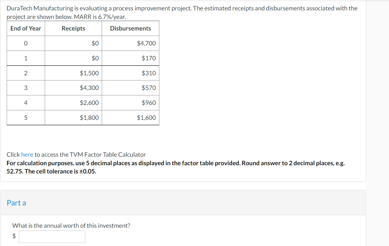  DuraTech Manufacturing is evaluating a process improvement project. The estimated receipts