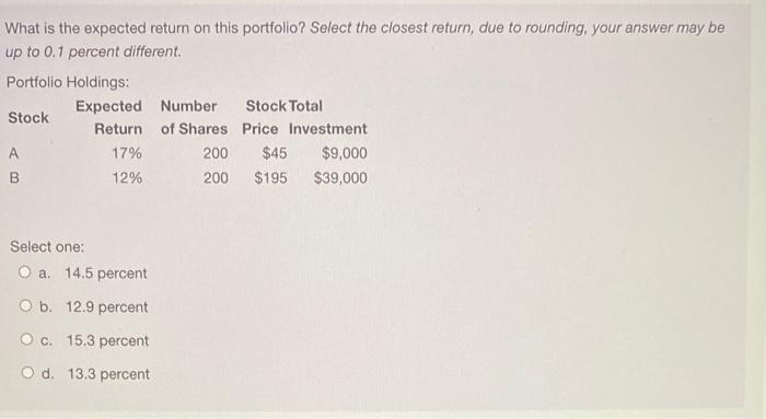  What is the expected return on this portfolio? Select the closest