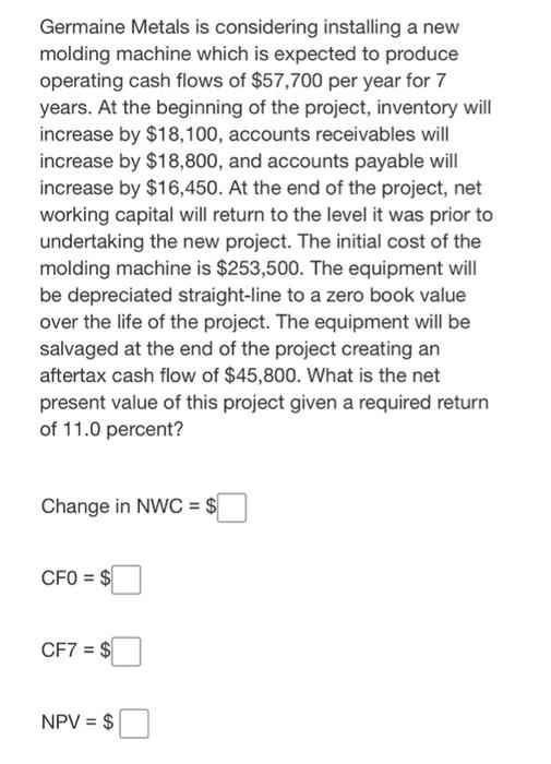  Germaine Metals is considering installing a new molding machine which is