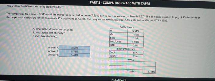 Please fill in the remaining cells: PART 2 -COMPUTING WACC WITH CAPM