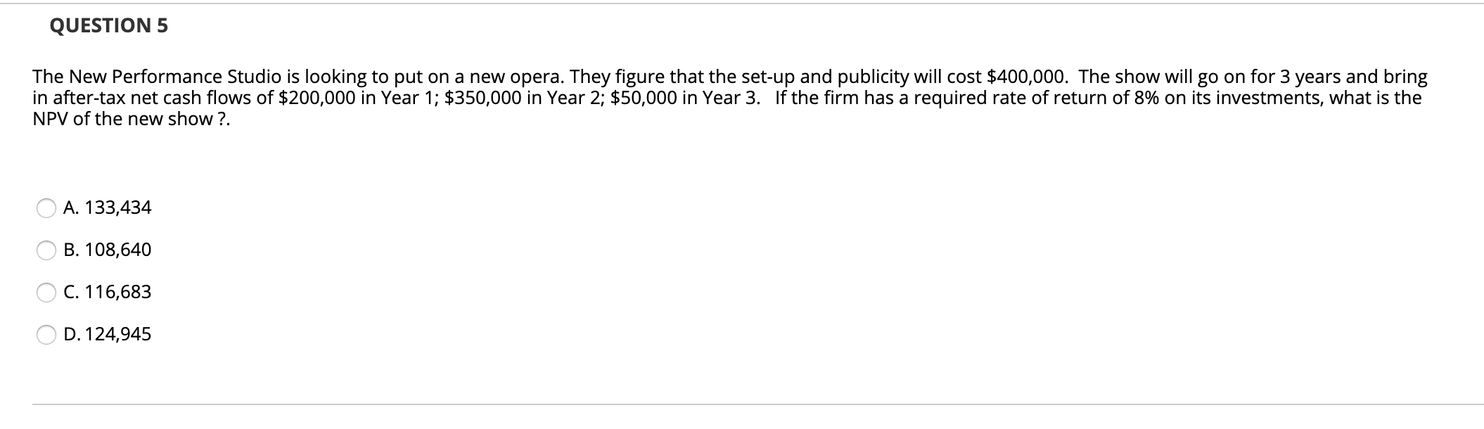  QUESTION 5 The New Performance Studio is looking to put on