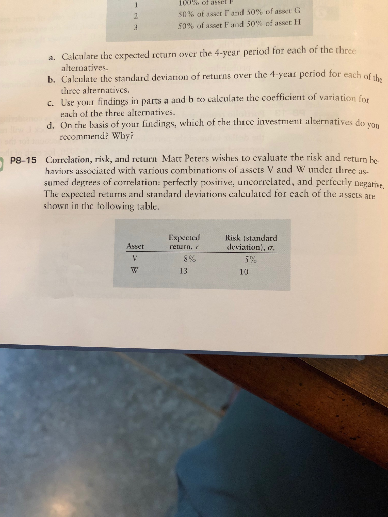 of assets V and W are perfectly positively correlated (correlation coefficient =