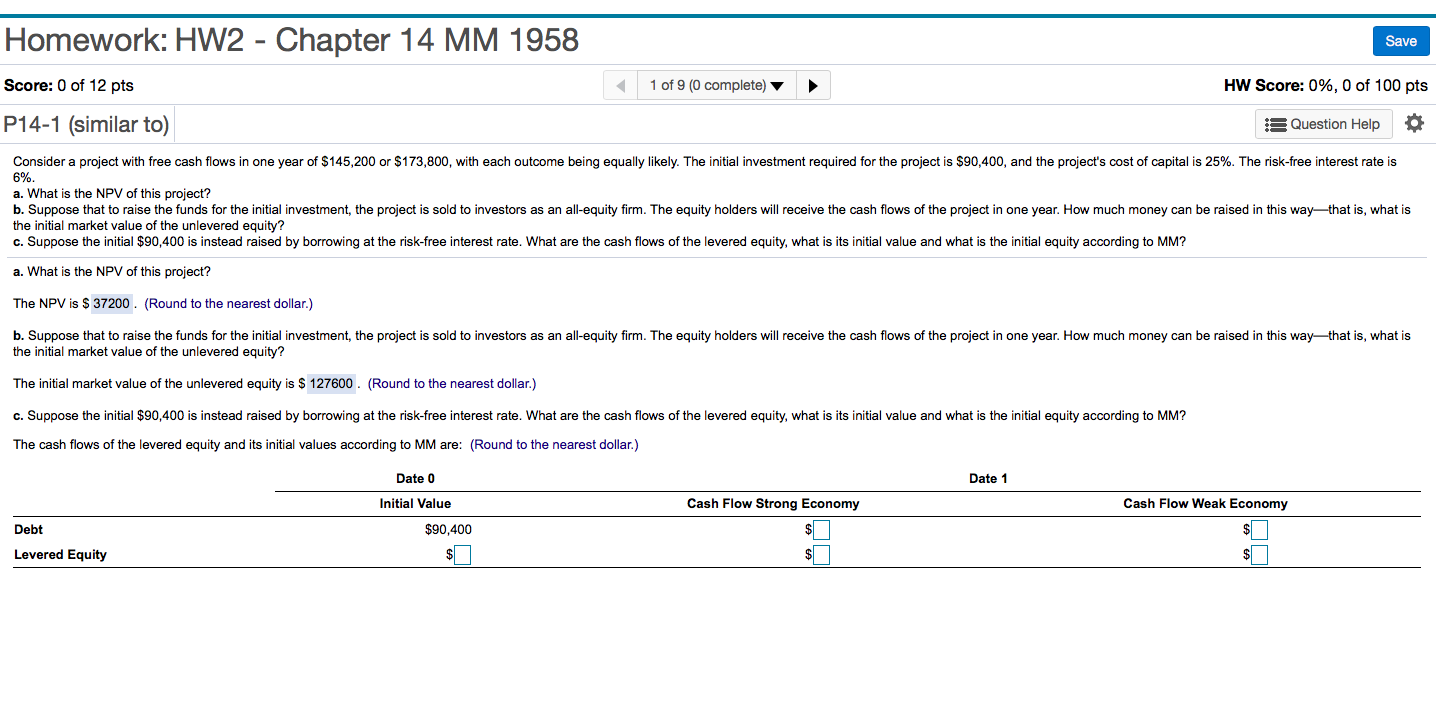 Homework: HW2 - Chapter 14 MM 1958 Save Score: 0 of