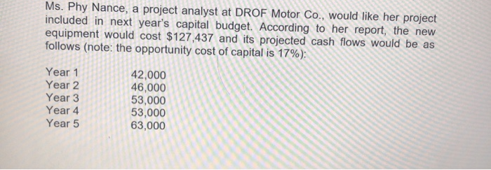  Ms. Phy Nance, a project analyst at DROF Motor Co., would