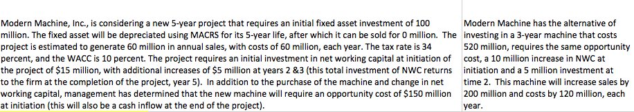  Modern Machine, Inc., is considering a new 5-year project that requires