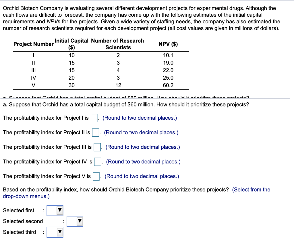  Orchid Biotech Company is evaluating several different development projects for experimental