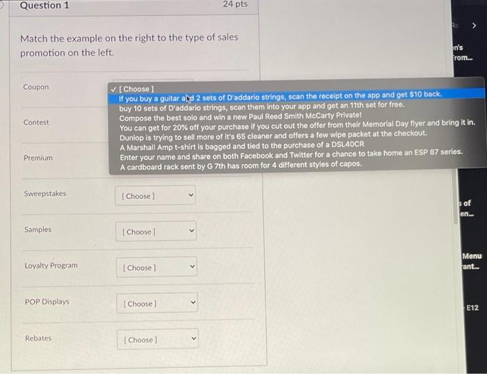  Question 1 24 pts Match the example on the right to
