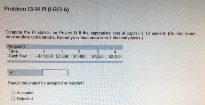  Problem 13-14 PI (LG13-6) Compute the PI statistic for Project Q