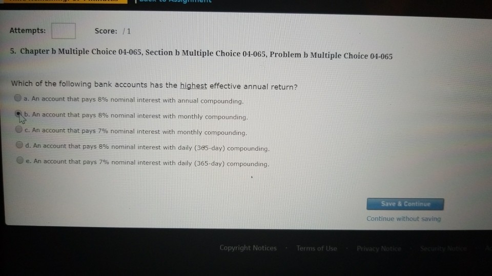 Attempts Score:1 5. Chapter b Multiple Choice 04-065, Section b Multiple