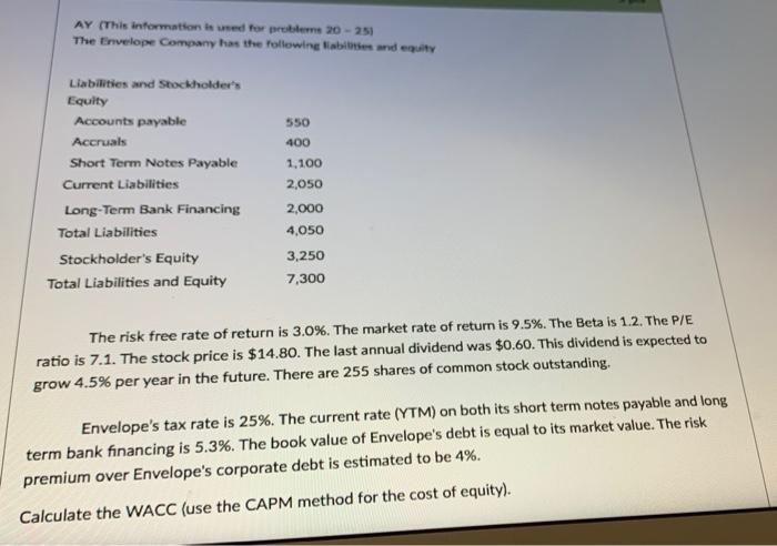  AY (This information is used for problems 20-25) The Envelope Company