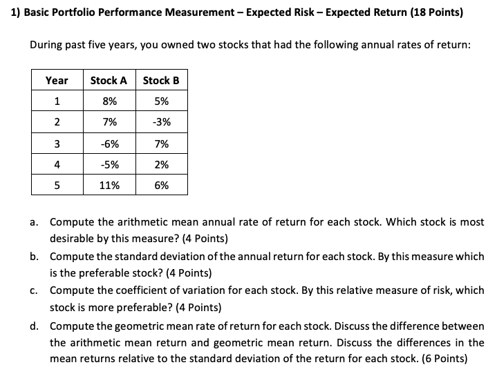  1) Basic Portfolio Performance Measurement - Expected Risk - Expected Return