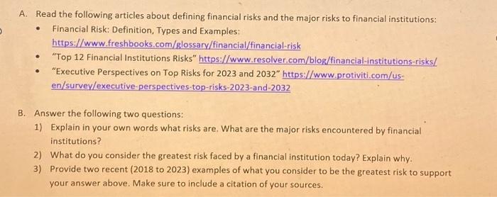  A. Read the following articles about defining financial risks and the