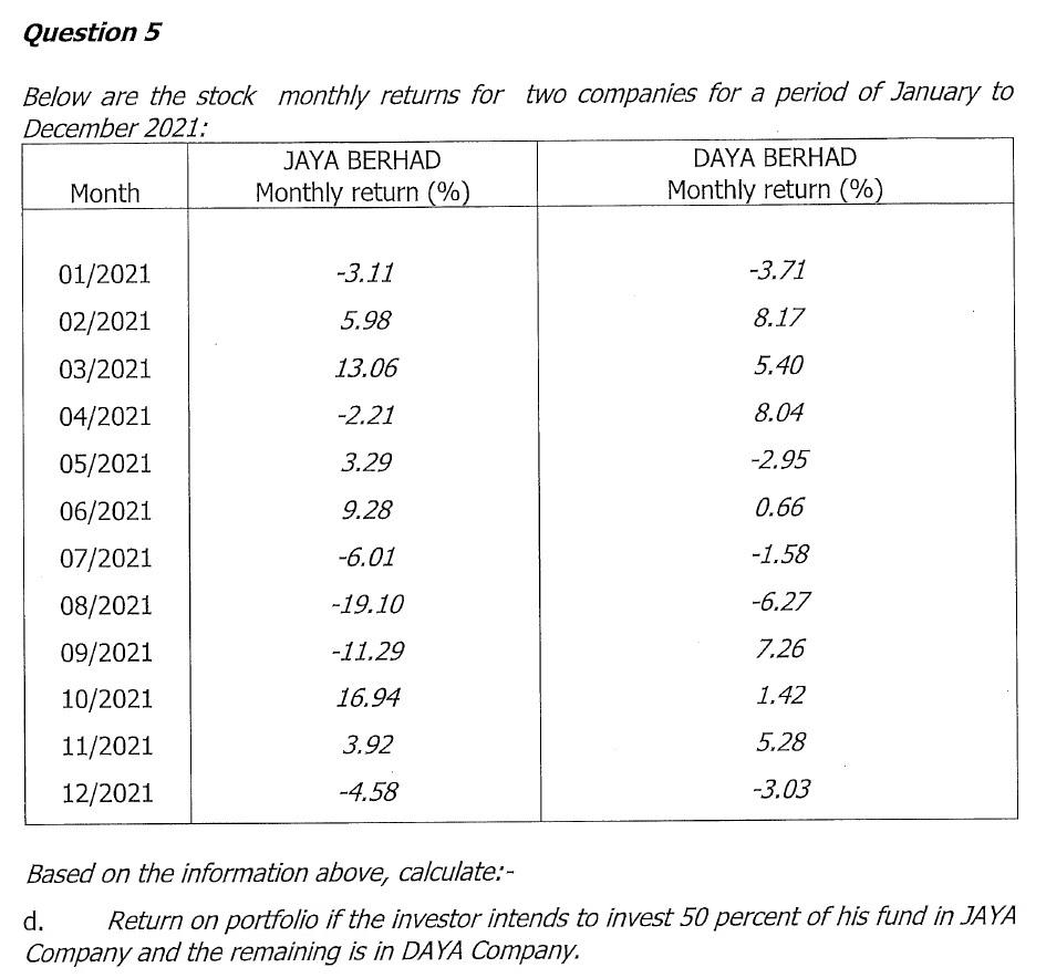 Question 5 Below are the stock monthly returns for two companies