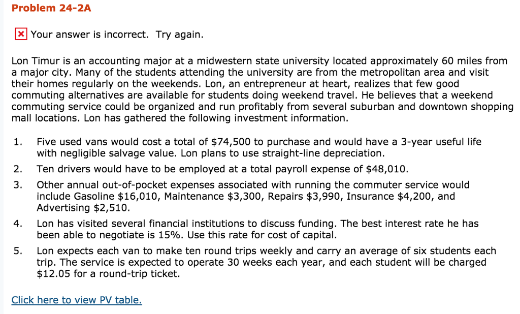  Problem 24-2A Your answer is incorrect. Try again. Lon Timur is