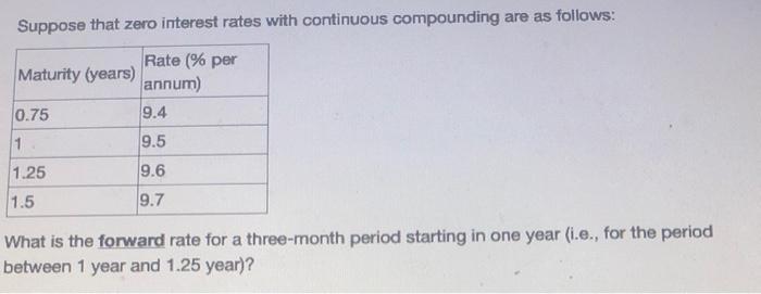  Suppose that zero interest rates with continuous compounding are as follows: