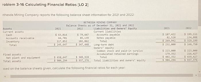 3-16 Calculating Financial Ratios [LO 2] Bethesda Mining Company reports the following