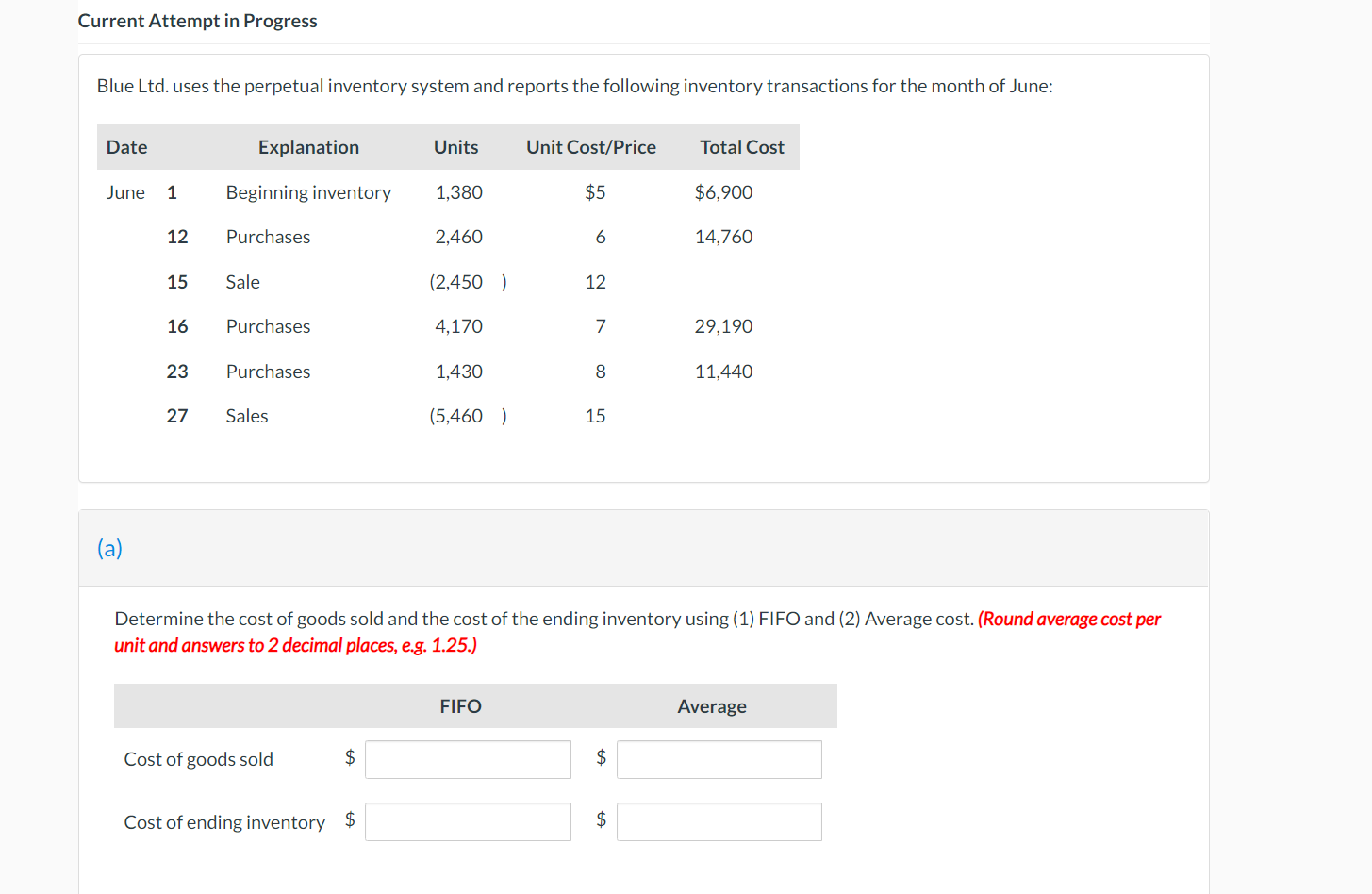  Current Attempt in Progress Blue Ltd. uses the perpetual inventory system