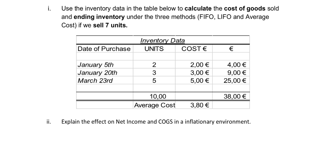  Use the inventory data in the table below to calculate the