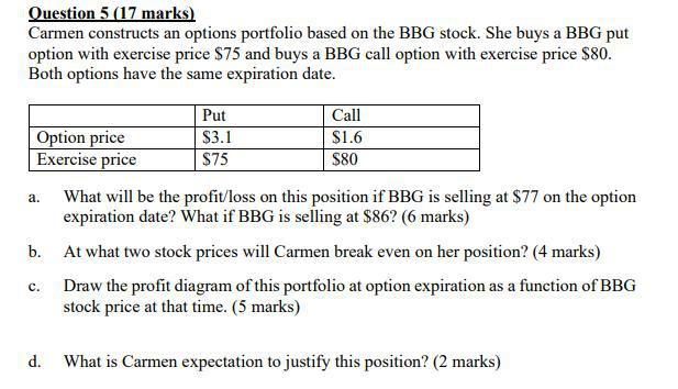  Question 5 (17 marks) Carmen constructs an options portfolio based on