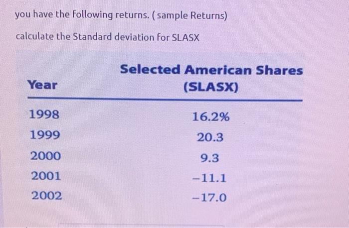  you have the following returns. ( sample Returns) calculate the Standard