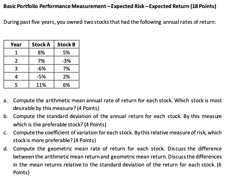 Basic Portfolio Performance Measurement-Expected Risk - Expected Return (18 points) During