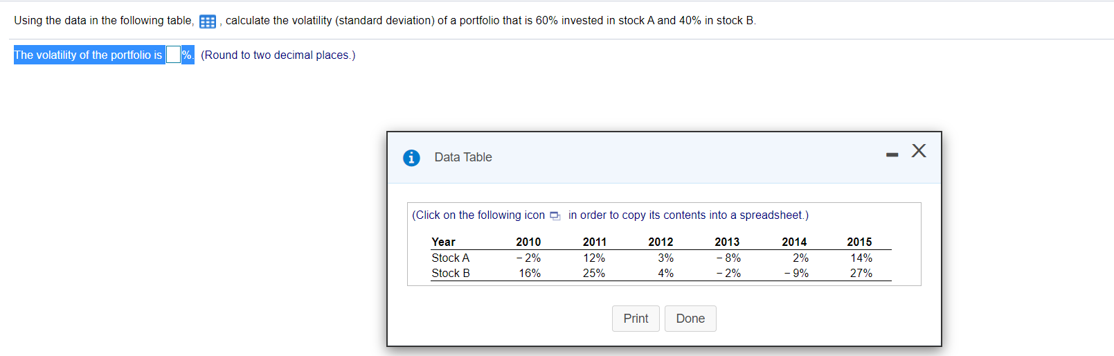 Using the data in the following table, calculate the volatility (standard deviation)