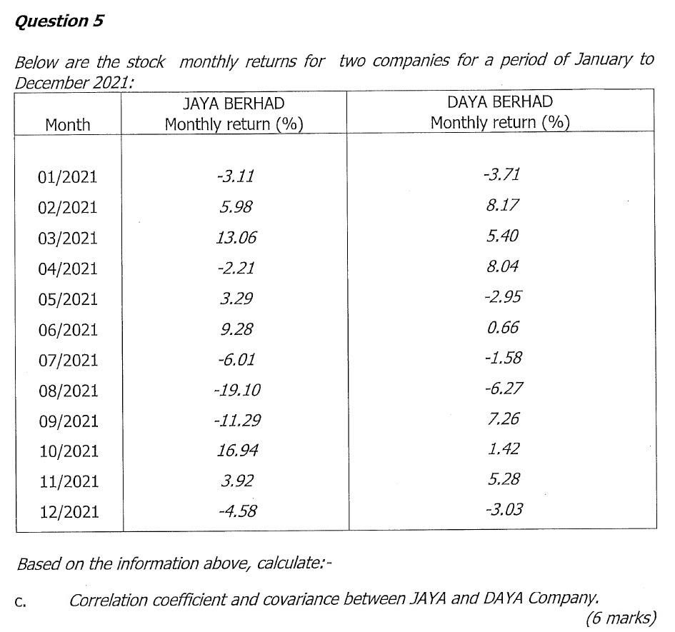 Question 5 Below are the stock monthly returns for two companies