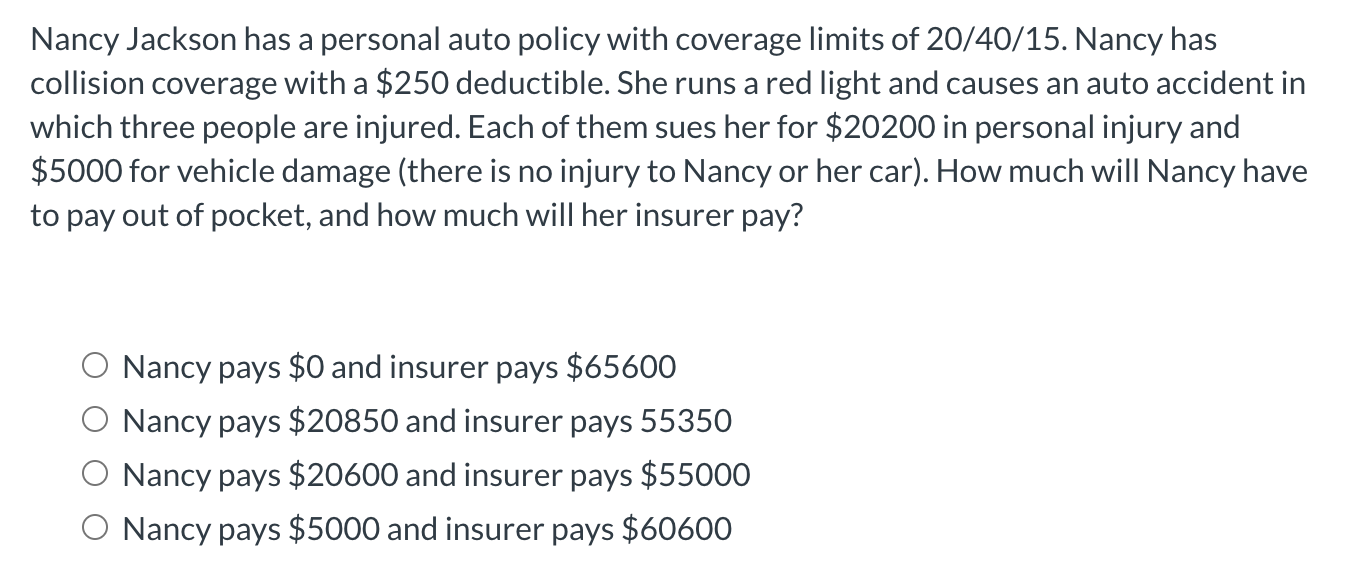  Nancy Jackson has a personal auto policy with coverage limits of