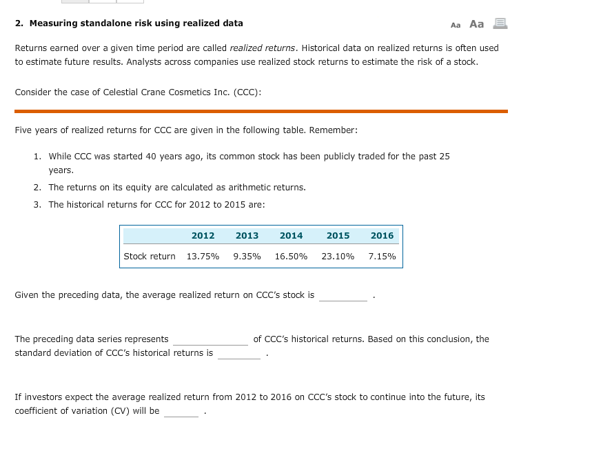  2. Measuring standalone risk using realized data Aa Aa Returns earned