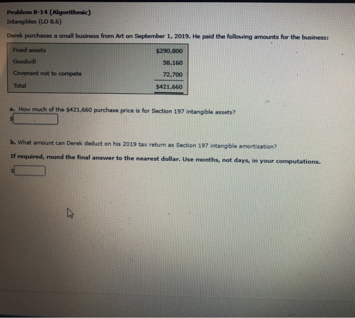  Problem 8-14 (Algorithmic) Intangibles (LO 8.6) Derek purchases a small business