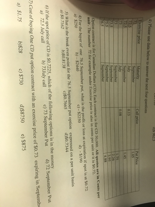  4) Please use data below to answer the next four questions