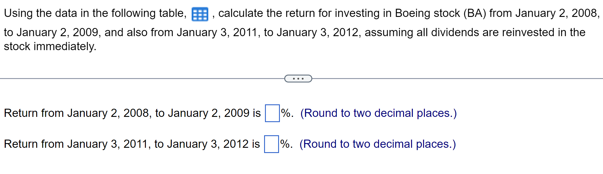  Using the data in the following table, , calculate the return