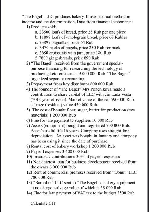 Please help me solve this problem "The Bagel" LLC produces bakery. It