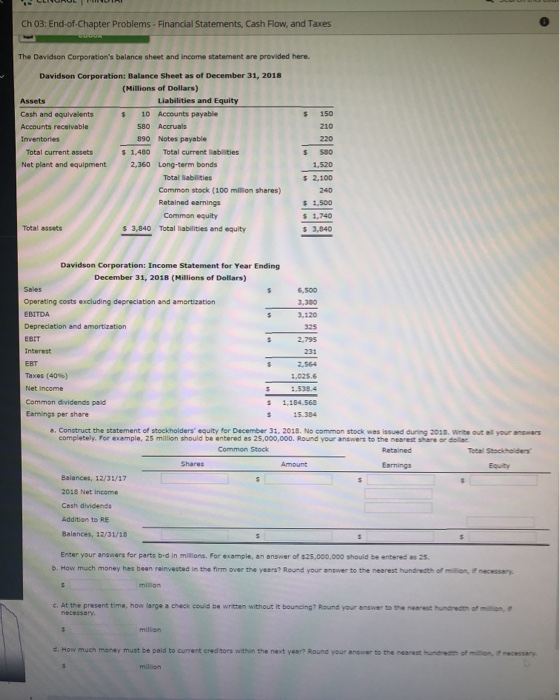 Ch 03: End-of-Chapter Problems - Financial Statements, Cash Flow, and Taxes