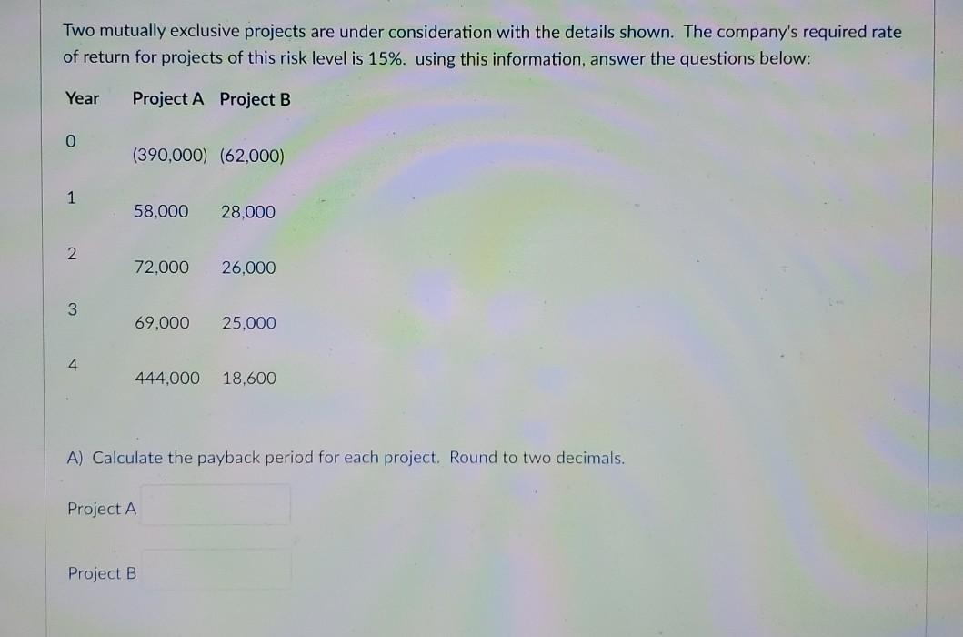 Two mutually exclusive projects are under consideration with the details shown.