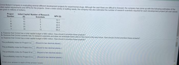  Orchid Biotech Company is evaluating several different development projects for experimental