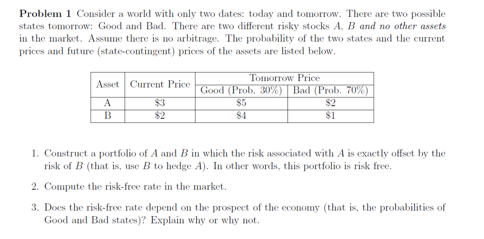 Problem 1 Consider a world with only two dates: today and