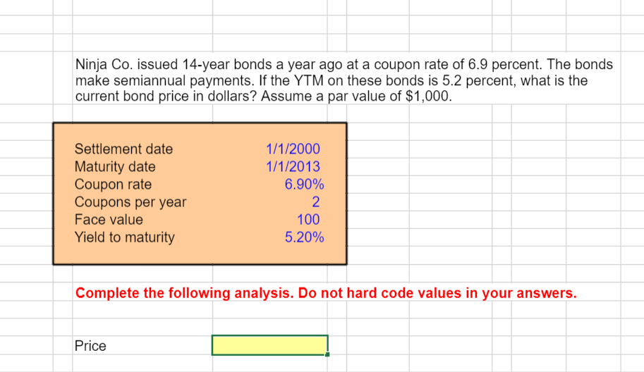 I need the formula for excel Ninja Co. issued 14-year bonds a