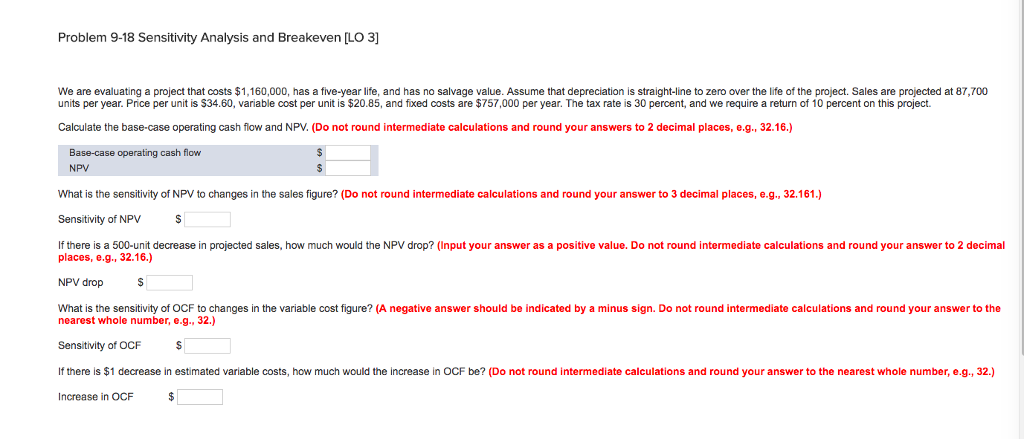  Problem 9-18 Sensitivity Analysis and Breakeven [LO 3] We are evaluating