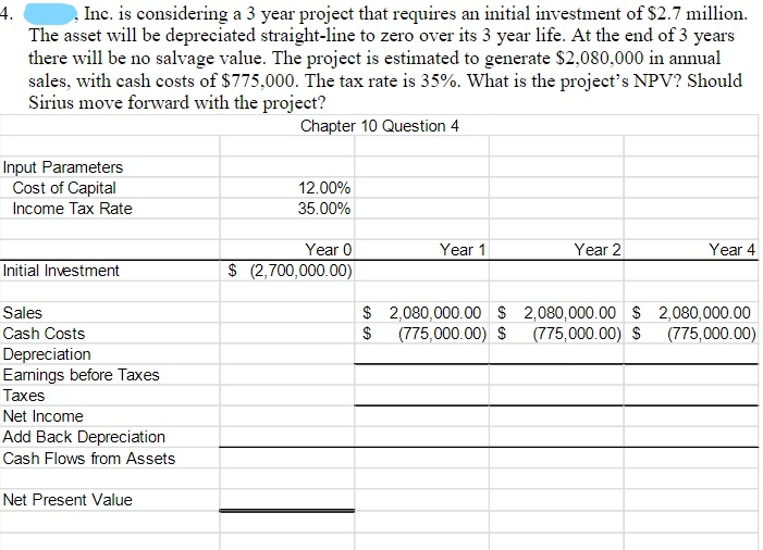 Inc. is considering a 3 year project that requires an initial