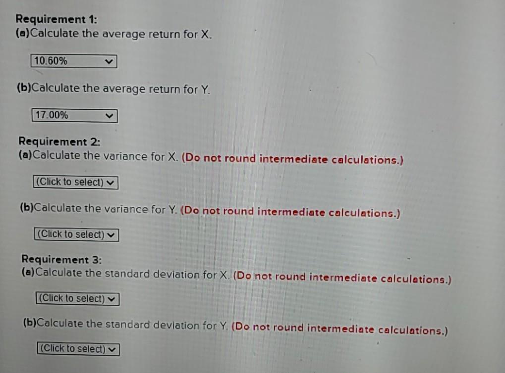 the average returns, the variances, and the standard deviations for X and