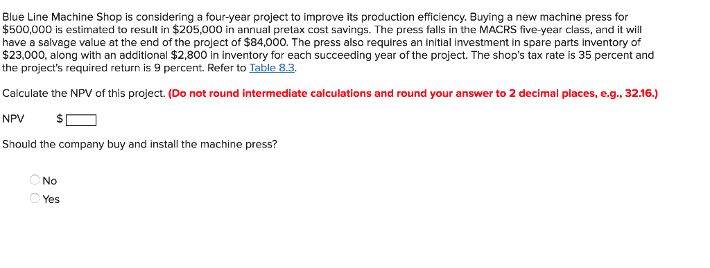  Blue Line Machine Shop is considering a four-year project to improve