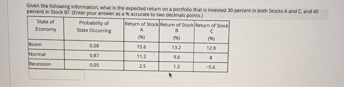  B Given the following information, what is the expected return on